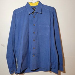 Men's Ike Behar button up 100% Cotton dress shirt blue and yellow Size L
